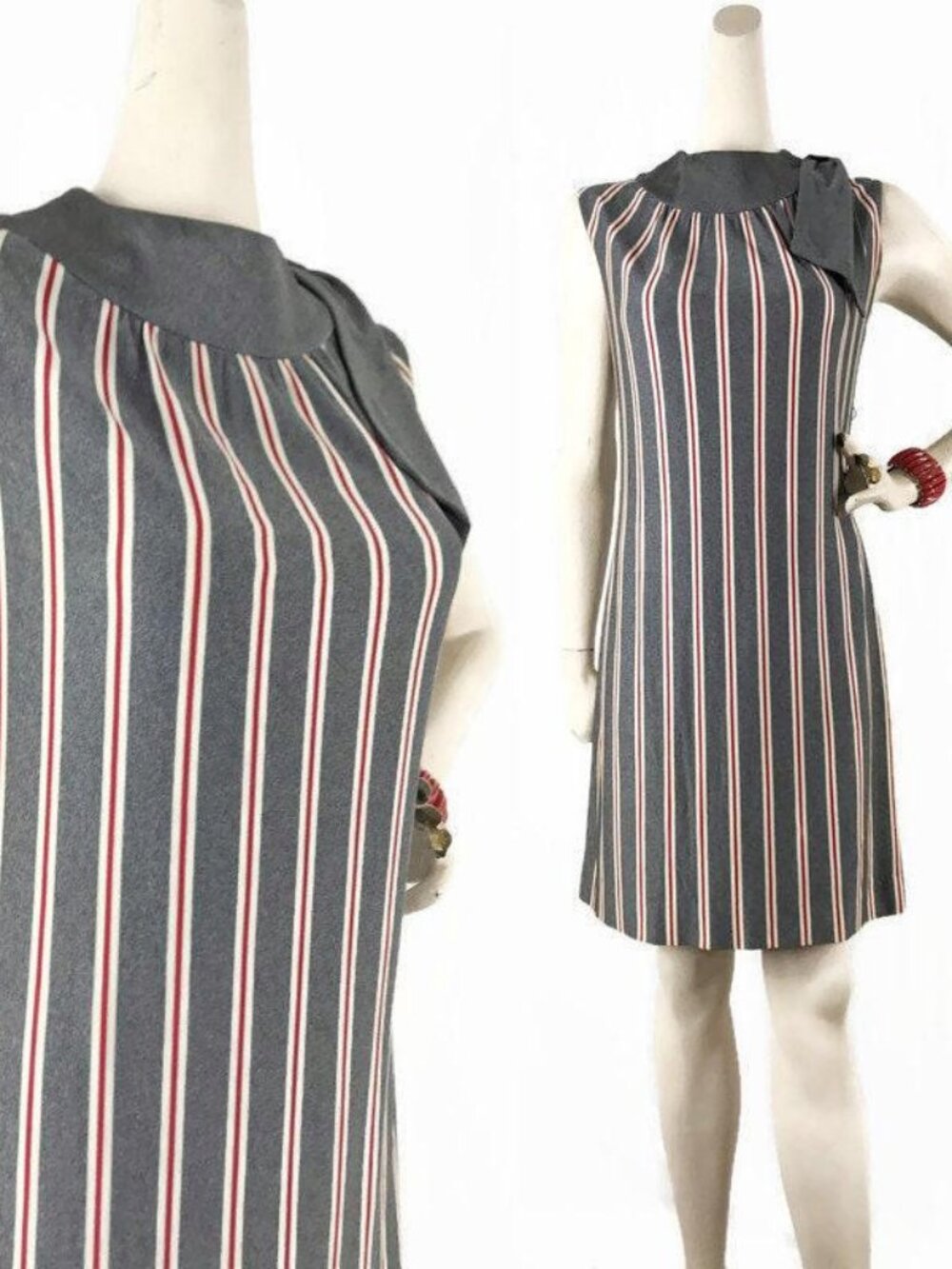 Vintage 60s Dress MOD Scarf Neck Shift Grey Red Striped Mini